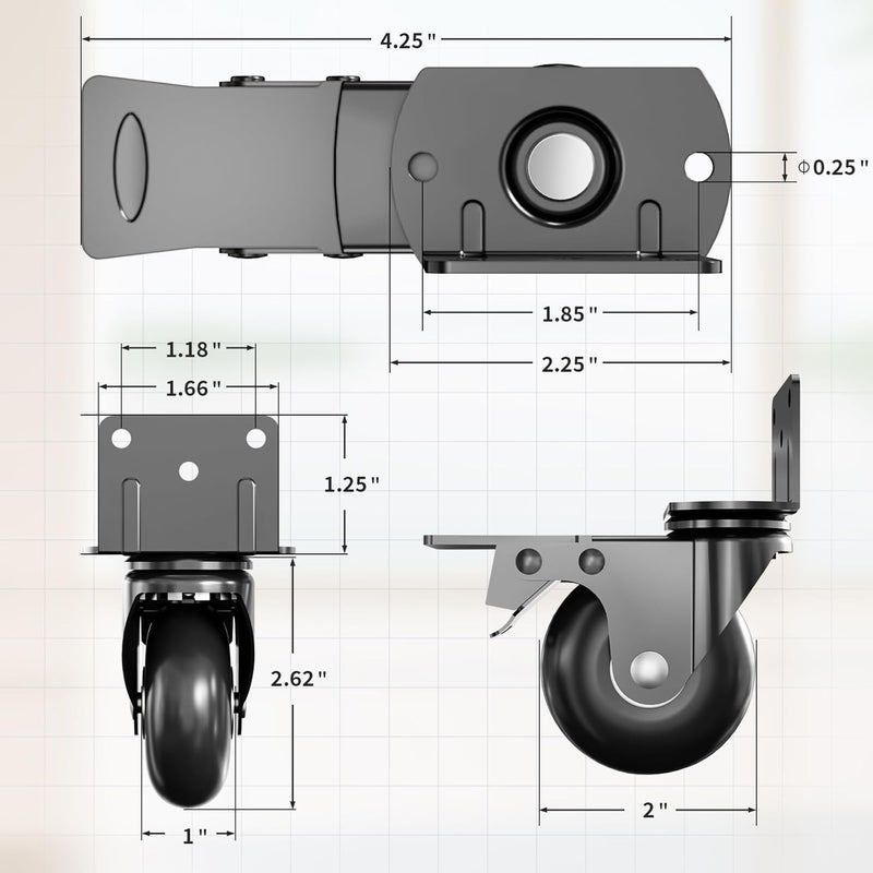 Apllamo Side Mount Plate Caster Wheels - Thickened L-Shaped Mounting ，Heavy Duty 800 LBS，Set of 4 with Brake，360° Swivel，Locking，Castor Wheels for Furniture，Carts，Cabinet，Table(Black, 2 inchs) - Image 2